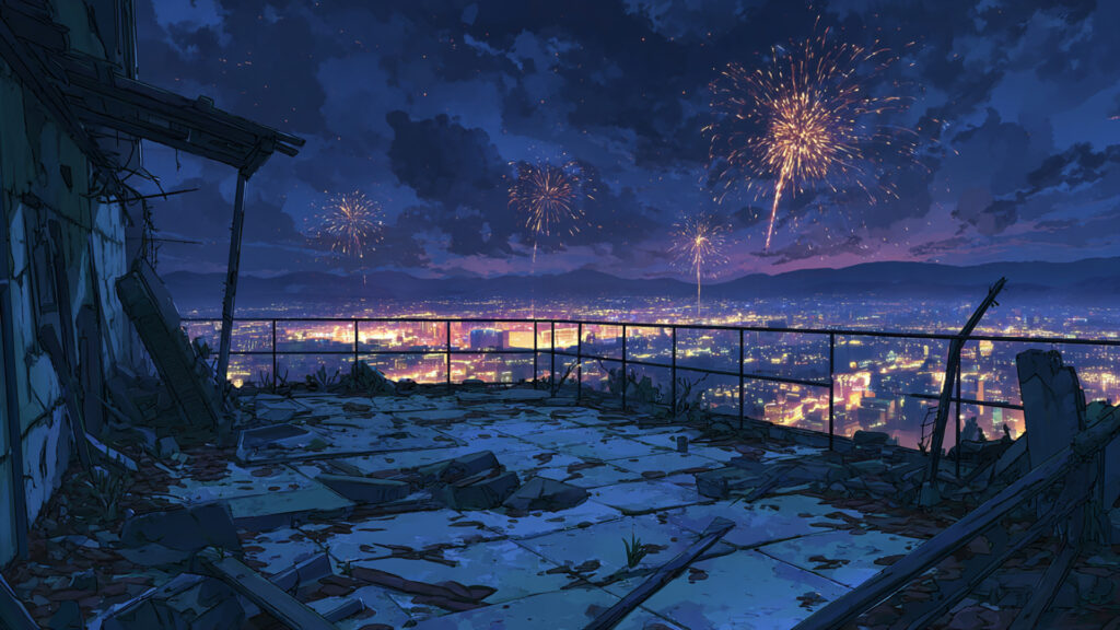 廃墟ビル屋上と花火｜不気味で美しい夜