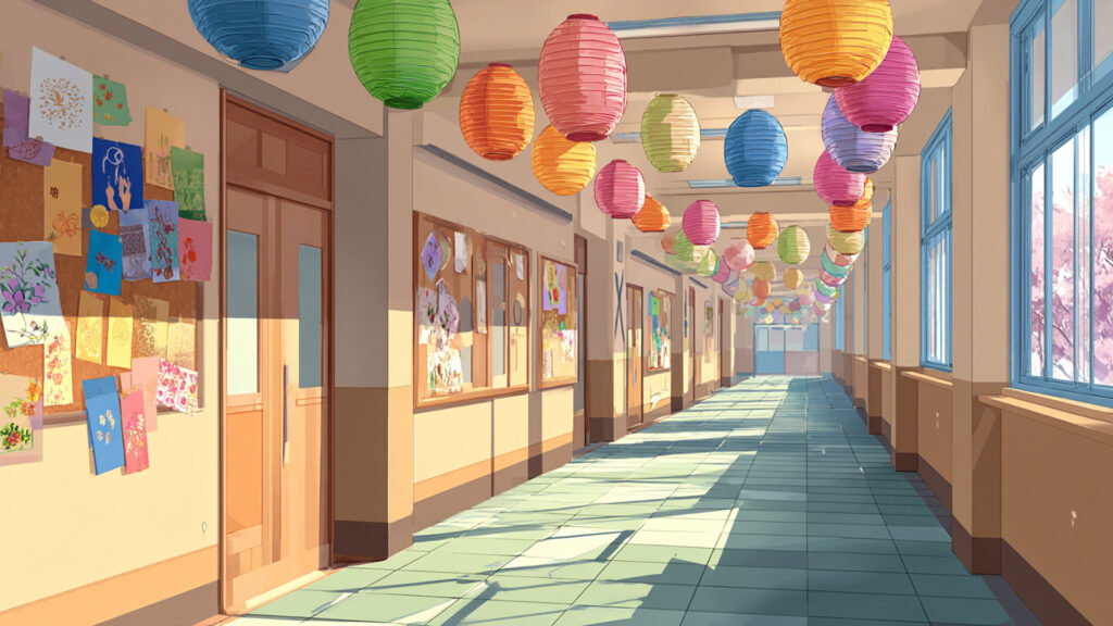 文化祭の廊下｜提灯と飾り付け