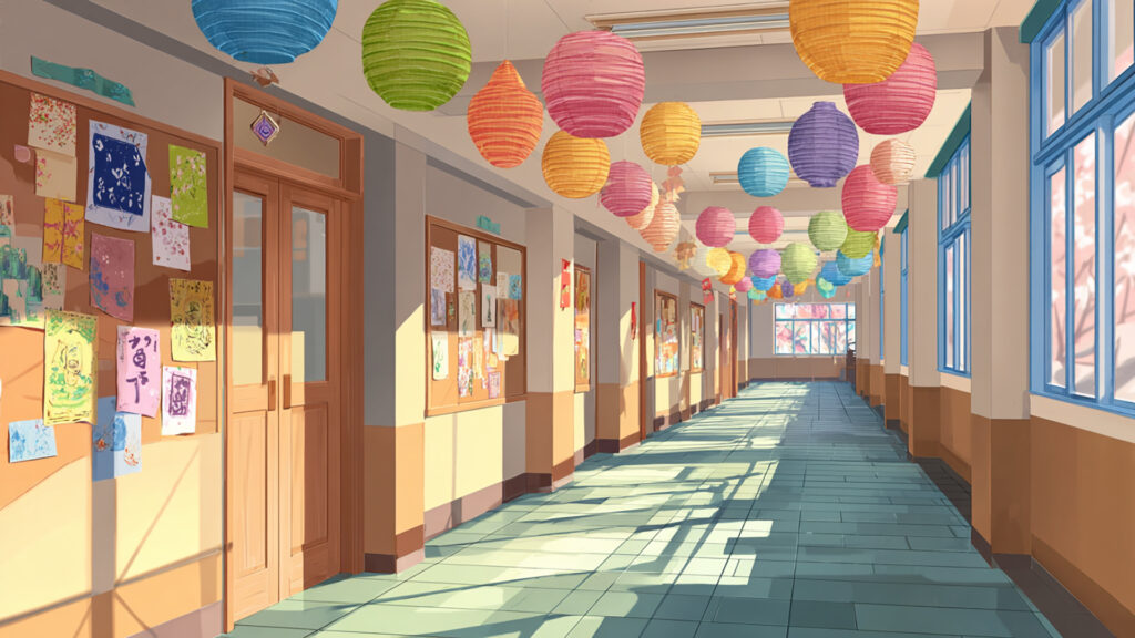 文化祭の廊下の背景イラストのフリー素材