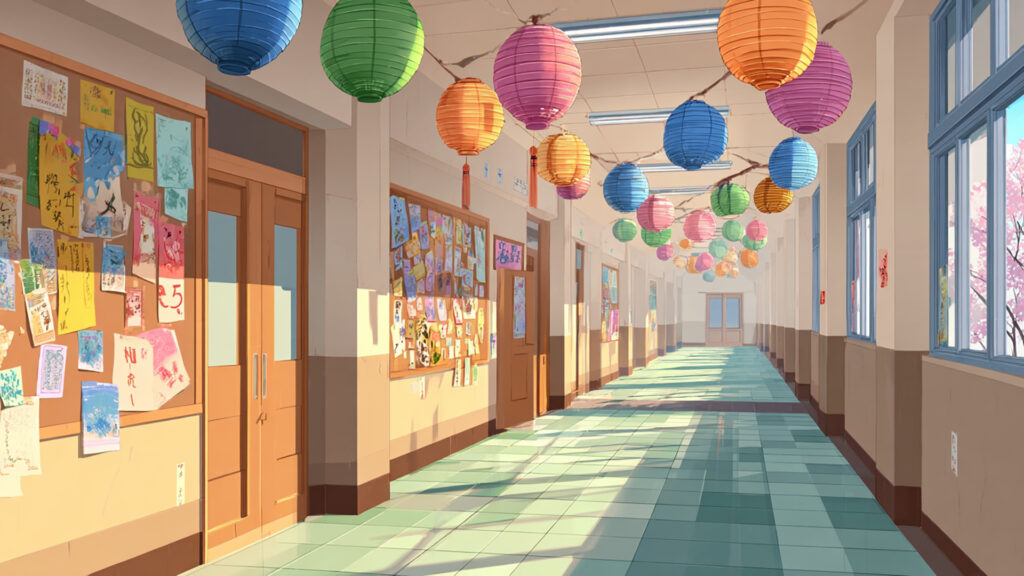 文化祭の廊下｜提灯と飾り付け