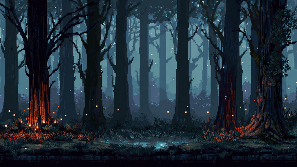 闇に沈む森の奥｜ドット絵風の背景イラストのフリー素材