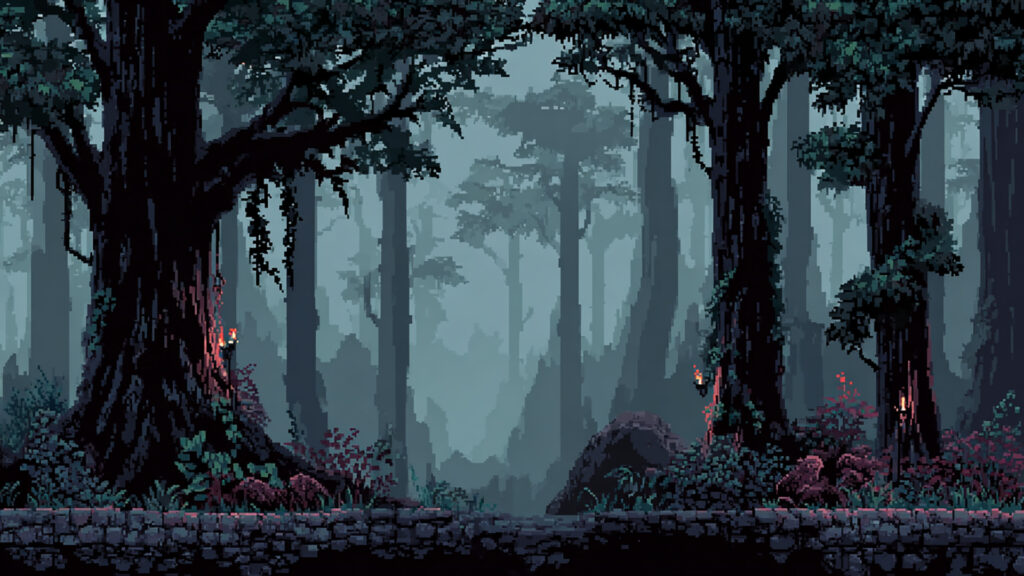 闇に沈む森の奥｜ドット絵風