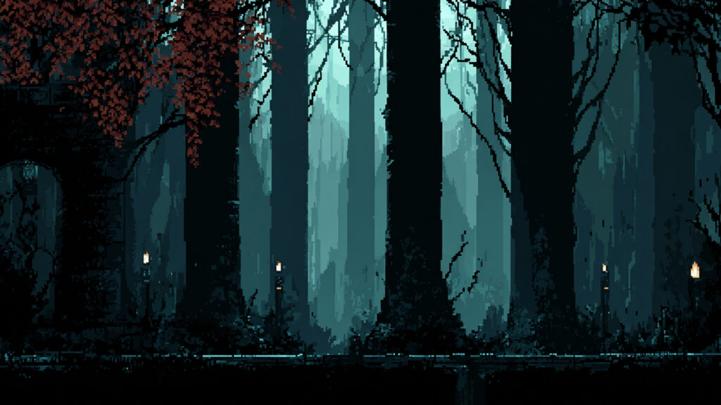 闇に沈む森の奥｜ドット絵風