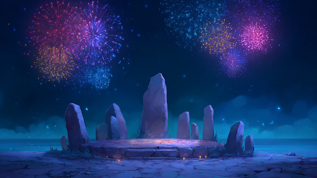 ファンタジー祭壇と夜空の花火｜異世界・魔法陣・神秘的な夜