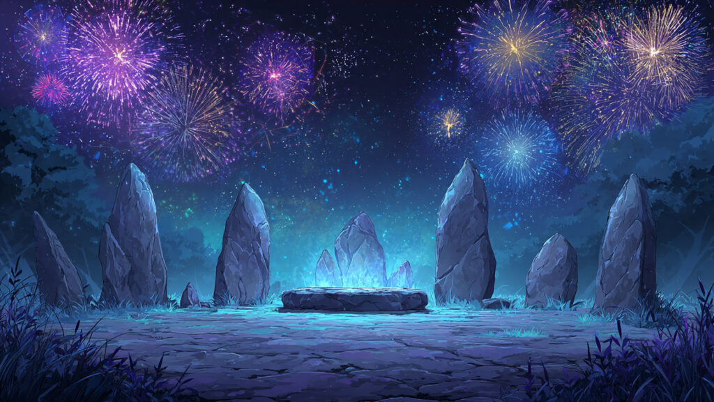 ファンタジー祭壇と夜空の花火｜異世界・魔法陣・神秘的な夜