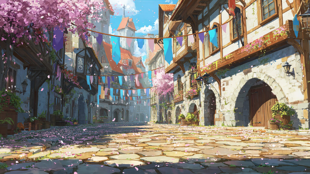 桜舞うファンタジー城下町｜異世界・中世・春の街並み
