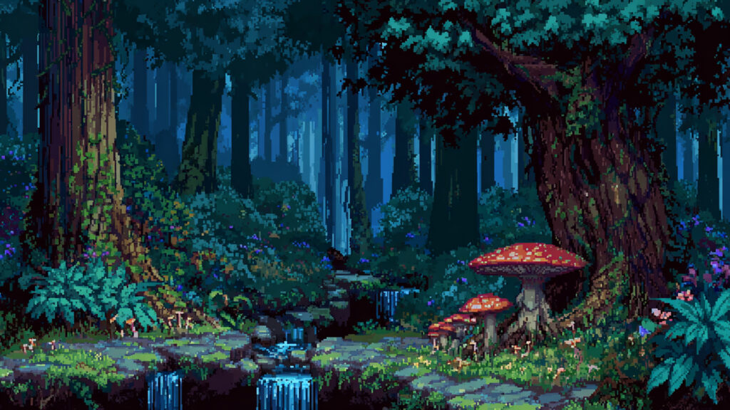 小滝のある幻想の森｜ドット絵風