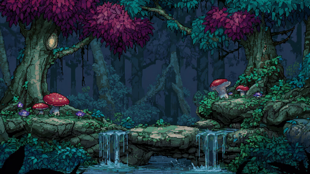 小滝のある幻想の森｜ドット絵風