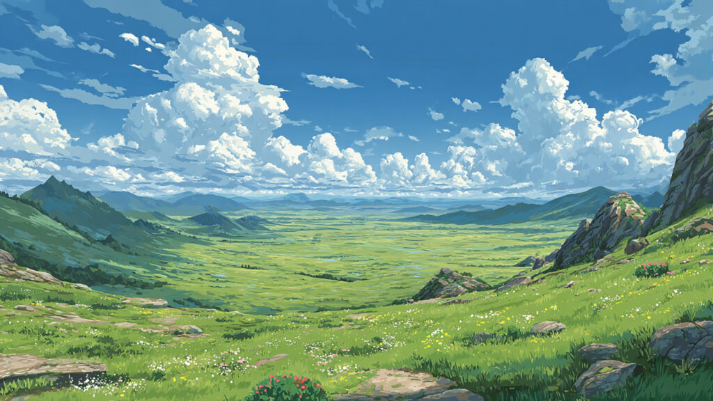ファンタジー草原と青空｜冒険・旅立ち・開放感