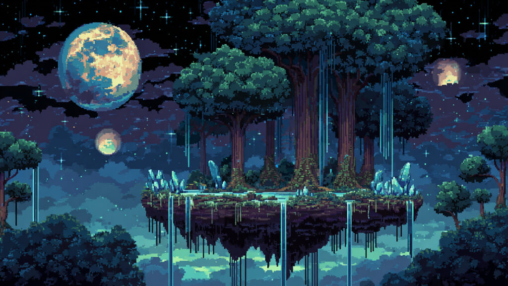 浮遊島の森と滝｜ドット絵風の背景イラストのフリー素材