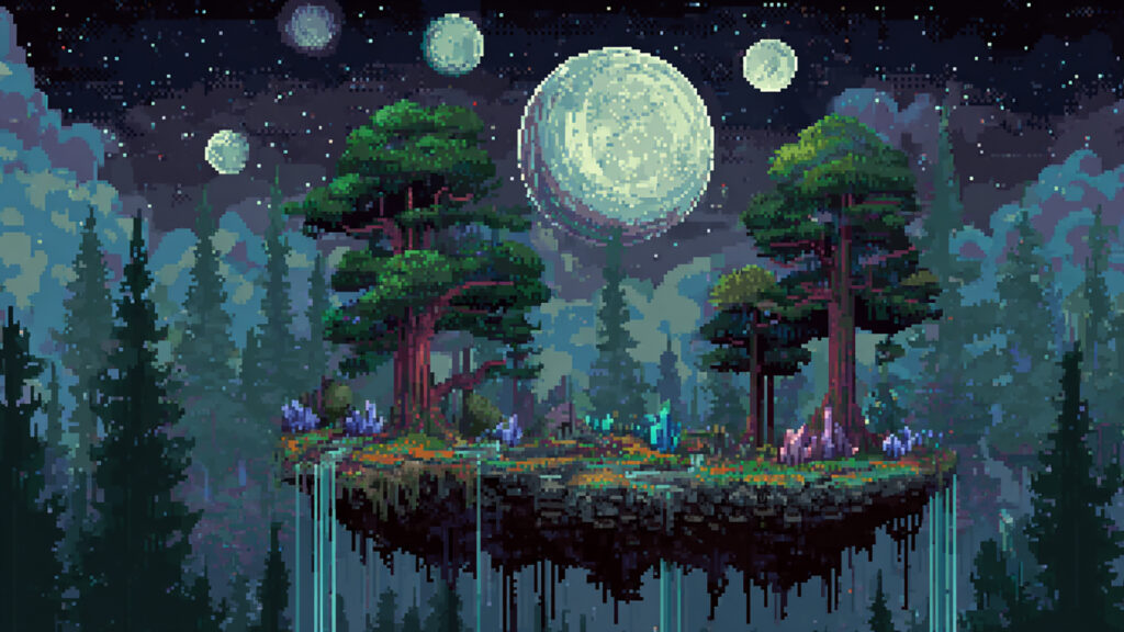 浮遊島の森と滝｜ドット絵風