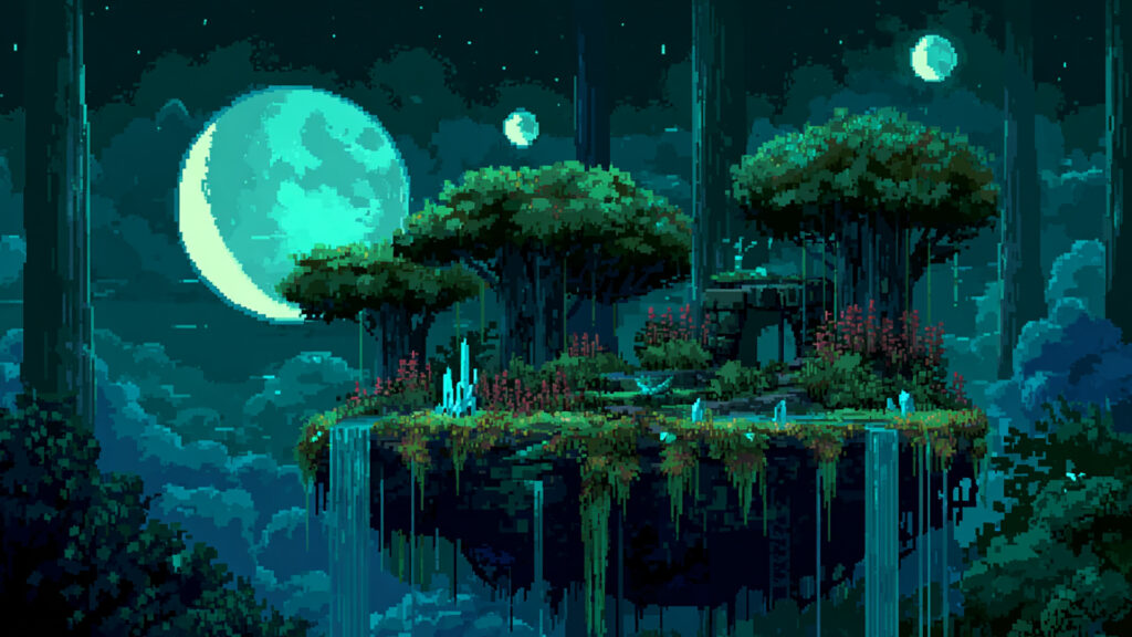 浮遊島の森と滝｜ドット絵風