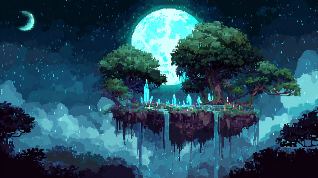 浮遊島の森と滝｜ドット絵風