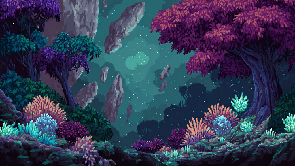 光る異星の森｜ドット絵風の背景イラストのフリー素材