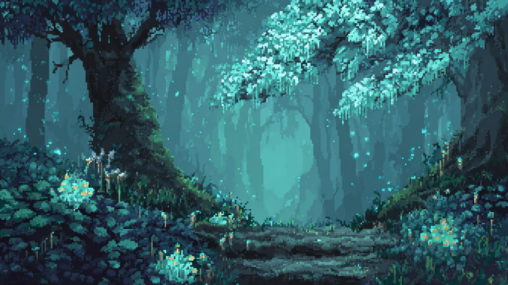 光る魔法の森｜ドット絵風の背景イラストのフリー素材