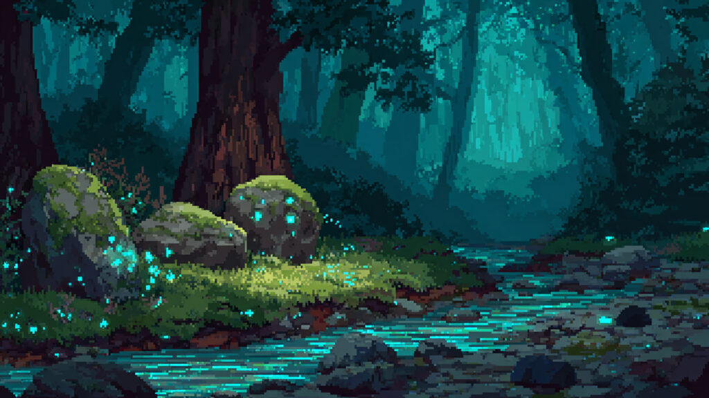 光る河原のほとり｜ドット絵風