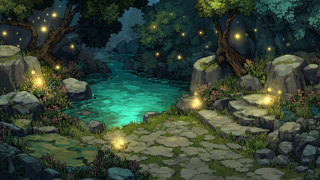 光る河原のほとり｜ドット絵風