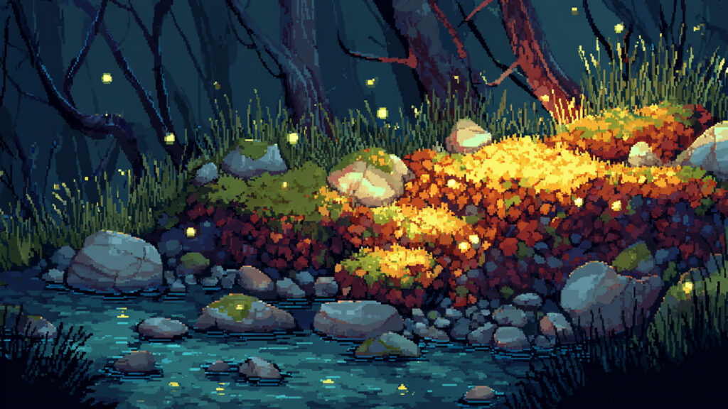 光る河原のほとり｜ドット絵風