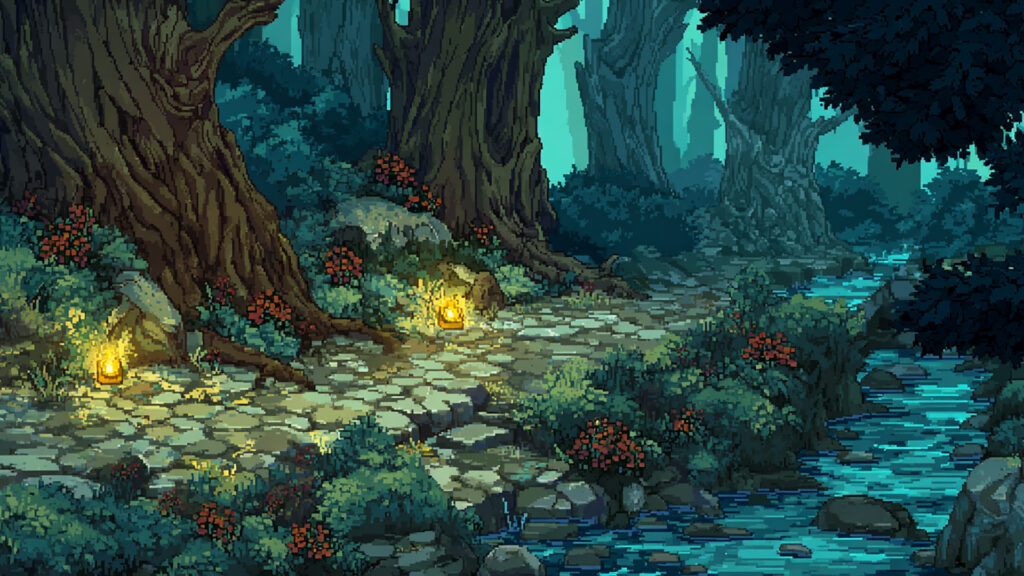 光る河原のほとり｜ドット絵風の背景イラストのフリー素材