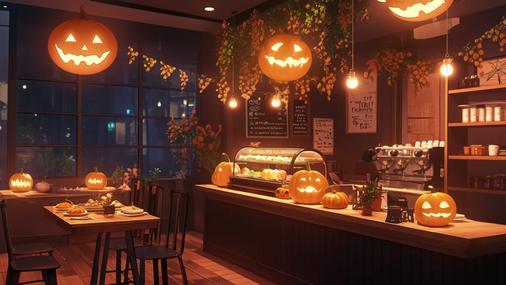 ハロウィンカフェの背景イラストのフリー素材