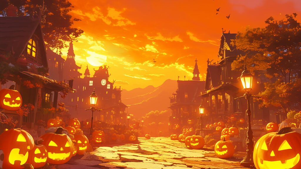 夕暮れのハロウィン街の背景イラストのフリー素材