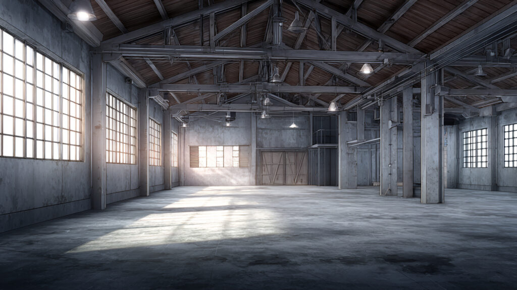 コンクリート調の大型倉庫の背景イラストのフリー素材