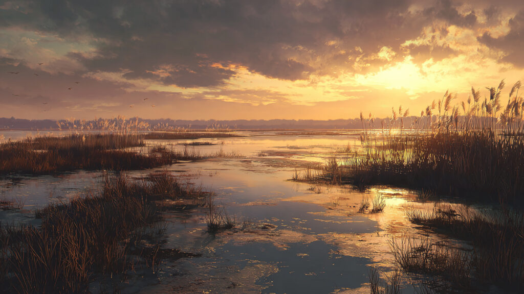 夕暮れの湿原