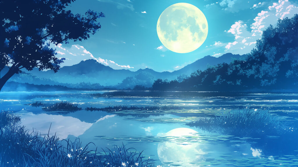 月明かりに照らされた川辺