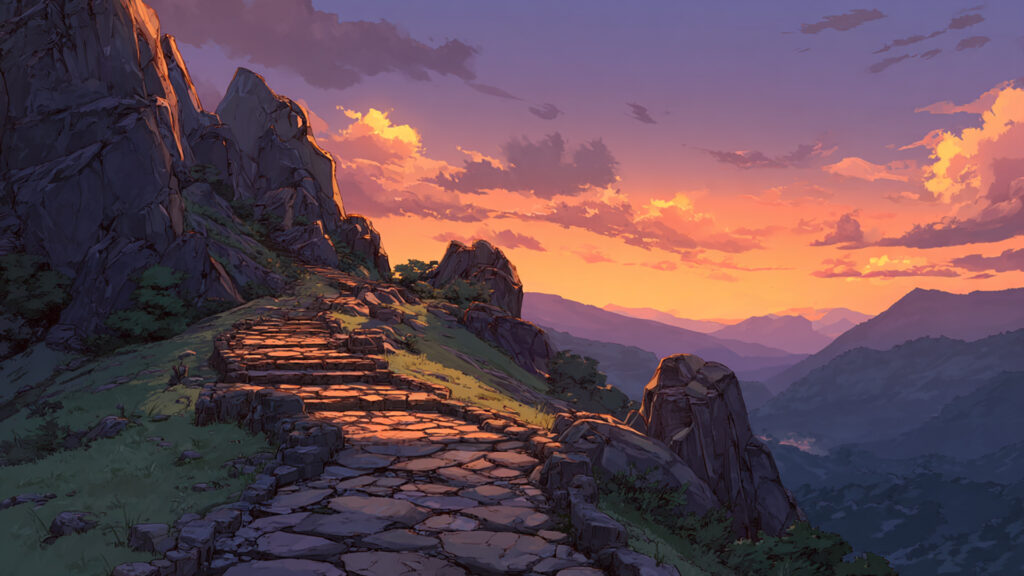 山道の峠と夕暮れ｜ファンタジー・冒険・旅路