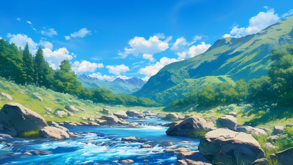 山あいの川と岩場の背景イラストのフリー素材