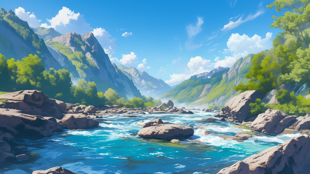 山あいの川と岩場