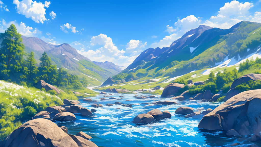 山あいの川と岩場