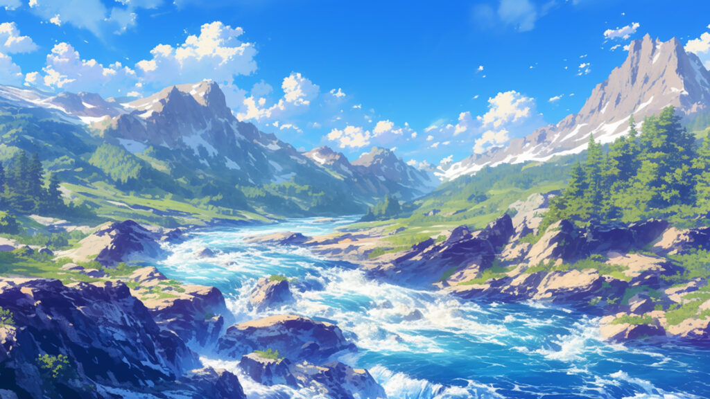 山あいの川と岩場