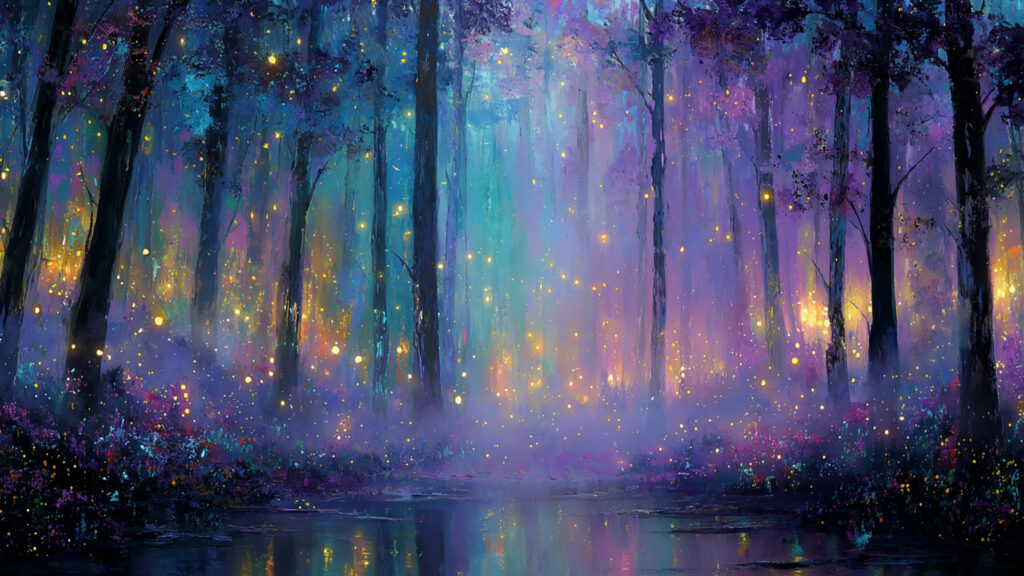 油絵風｜神秘の森と光の背景素材
