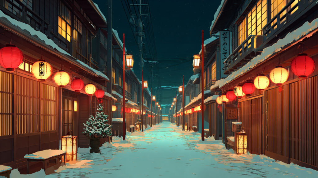 大晦日の商店街｜提灯が灯る冬の夜