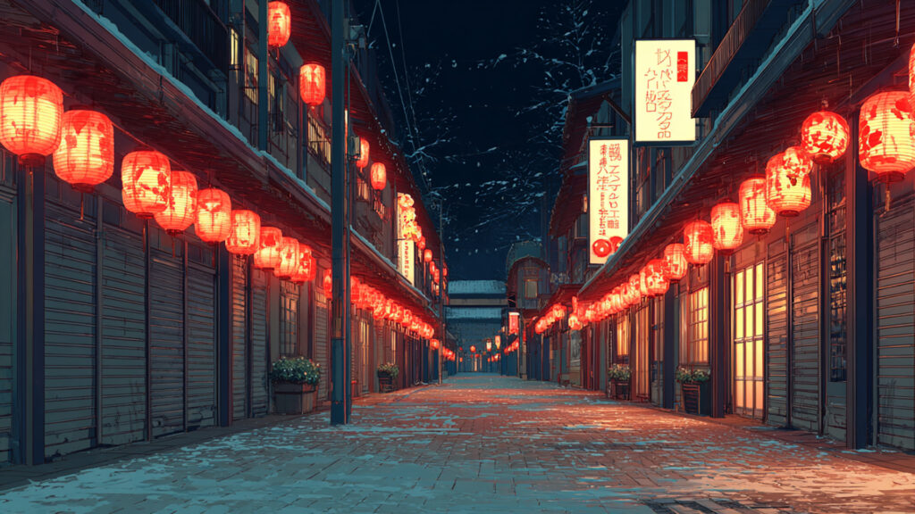 大晦日の商店街｜提灯が灯る冬の夜