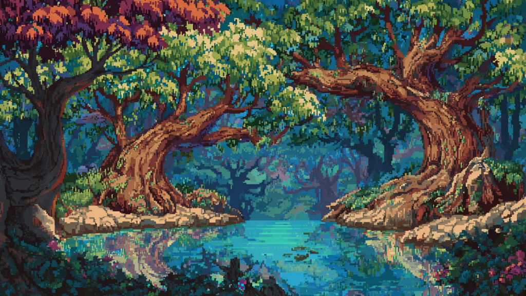 異世界の森と湖畔｜ドット絵風