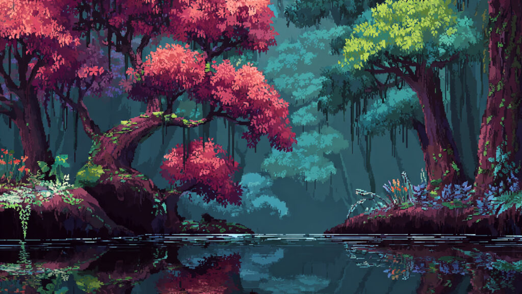 異世界の森と湖畔｜ドット絵風