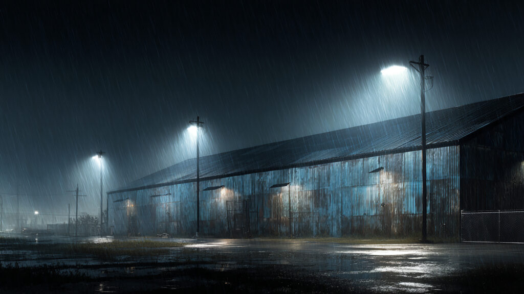 雨降る倉庫の外観｜夜