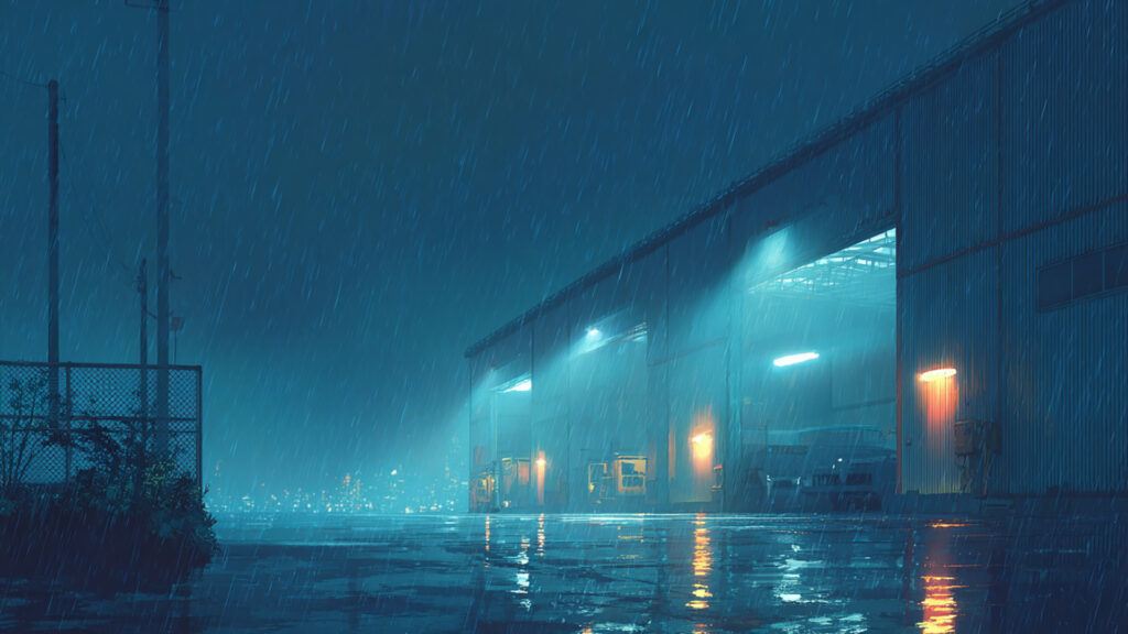 雨降る倉庫の外観｜夜