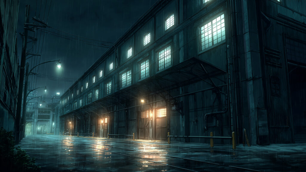 雨降る倉庫の外観｜夜