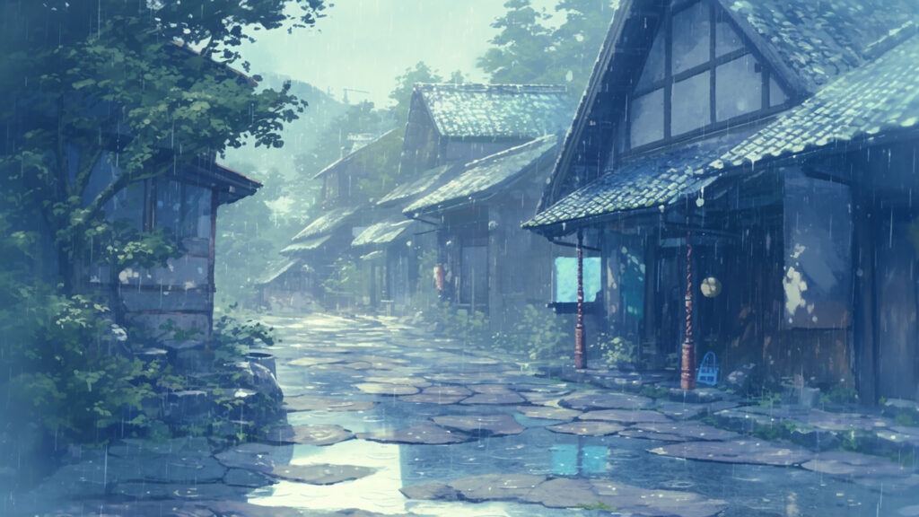 雨降る村の背景イラストのフリー素材