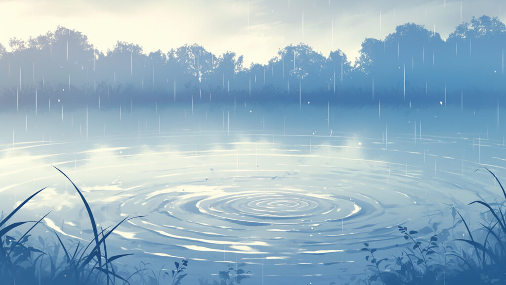 雨降る川辺