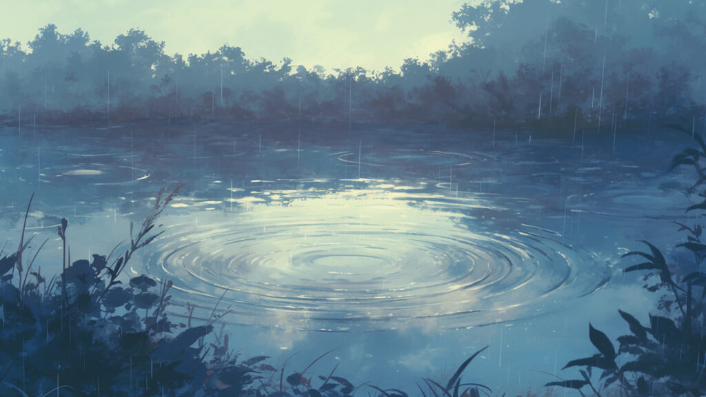 雨降る川辺