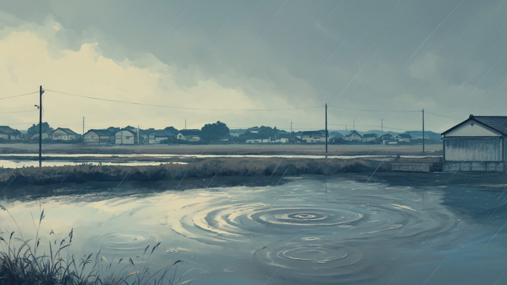 雨降る川辺