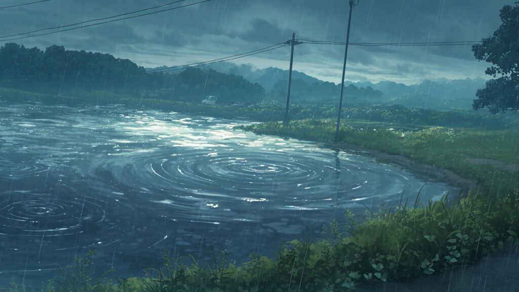 雨降る川辺