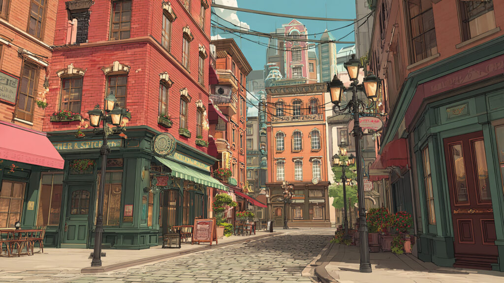 レトロなアメリカの街並みの背景イラストのフリー素材