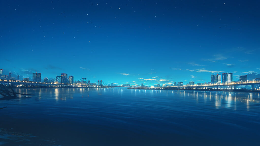 夜の川と街の灯り