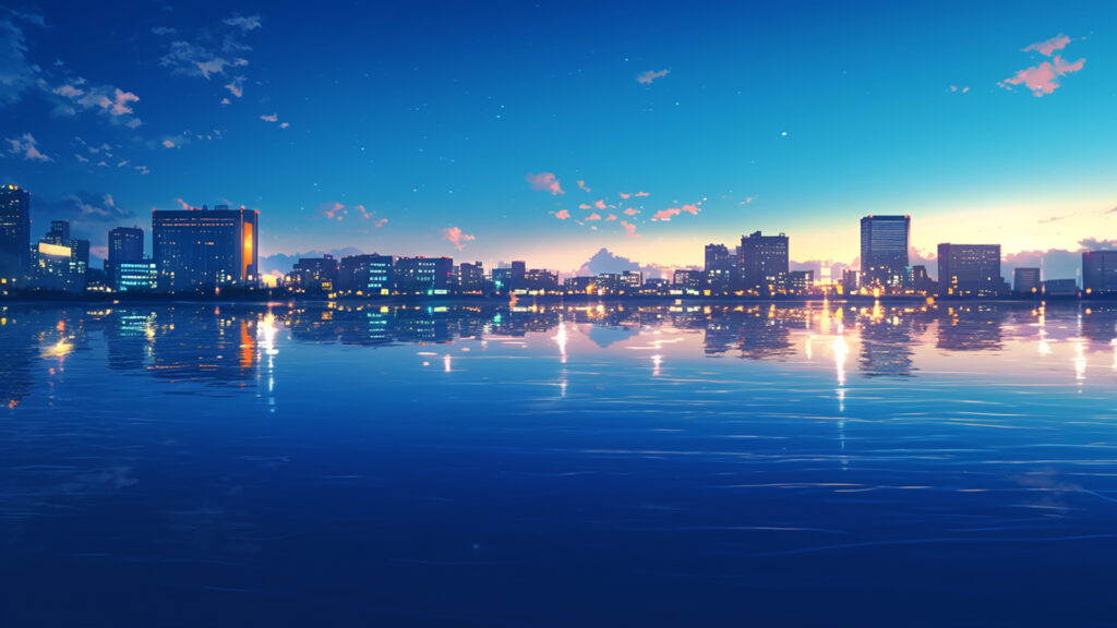 夜の川と街の灯り