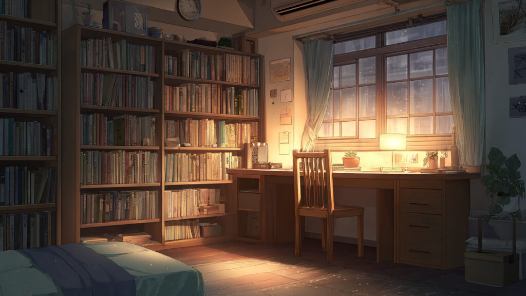 本棚のある部屋の背景イラストのフリー素材